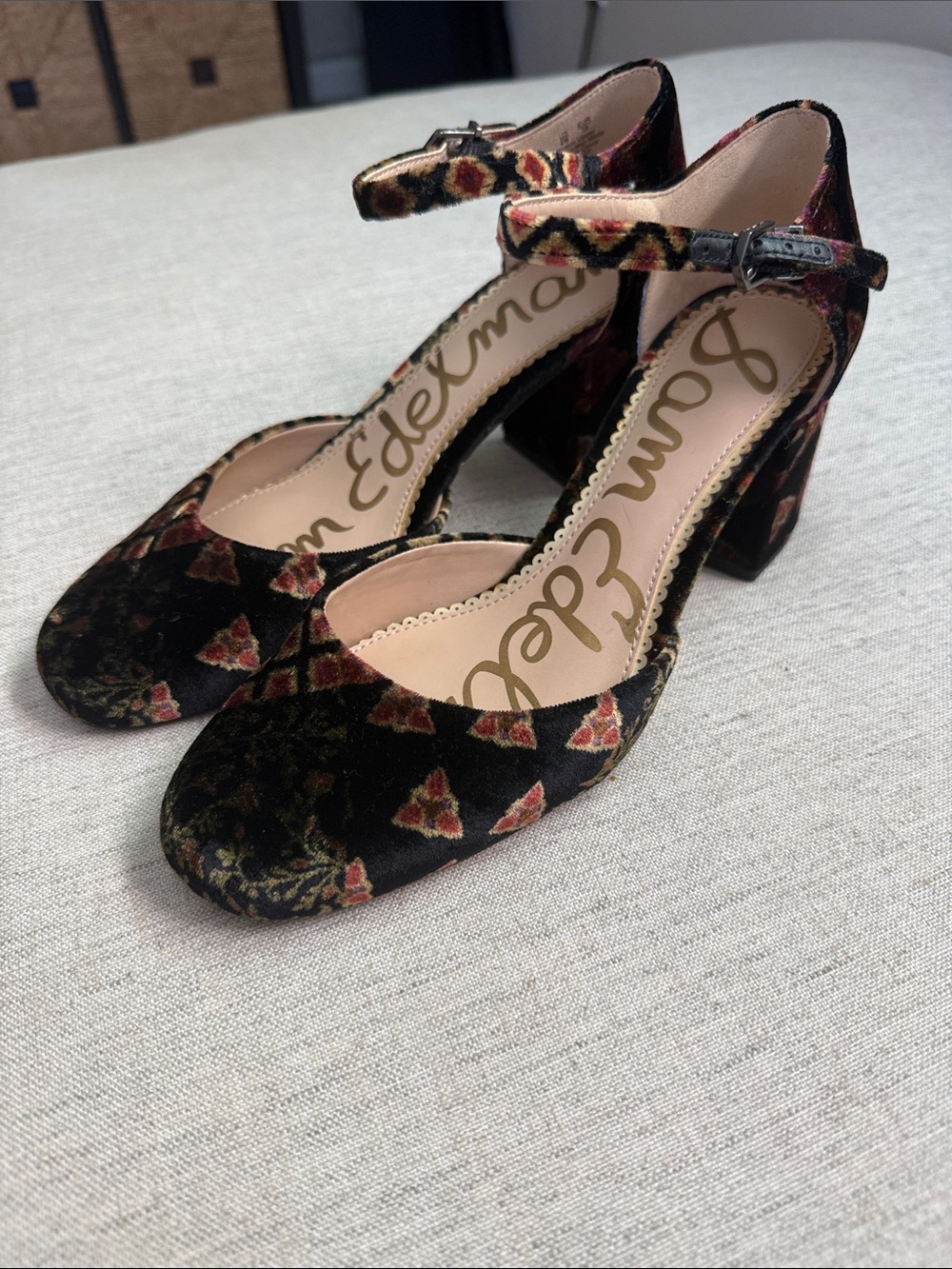 Sam Edelman Black Velvet Floral Ankle-Strap Block Heels